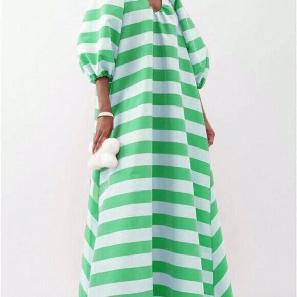 Green Blue Casual Women's V-Neck Striped Maxi Dress - Picture 1 of 4
